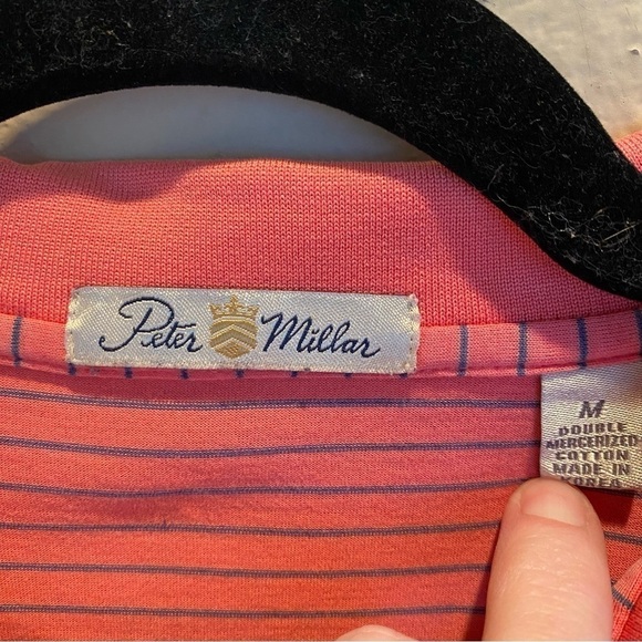 Peter Millar Mercerized Cotton Golf Polo Shirt Pink Striped Sleeve Patch Medium - Picture 3 of 6